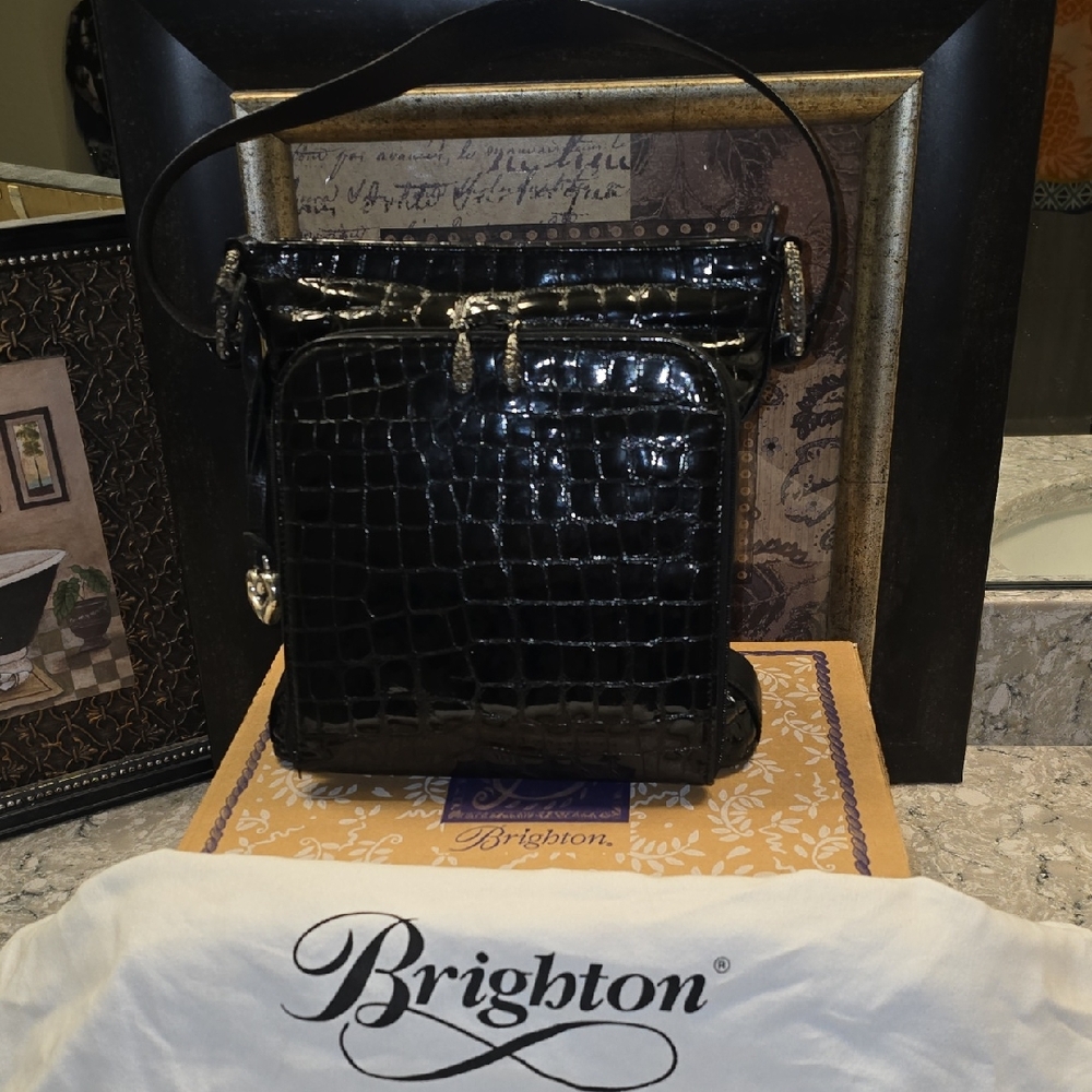 Brighton Black Croc-Embossed Patent Leather Shoulder Bag EUC